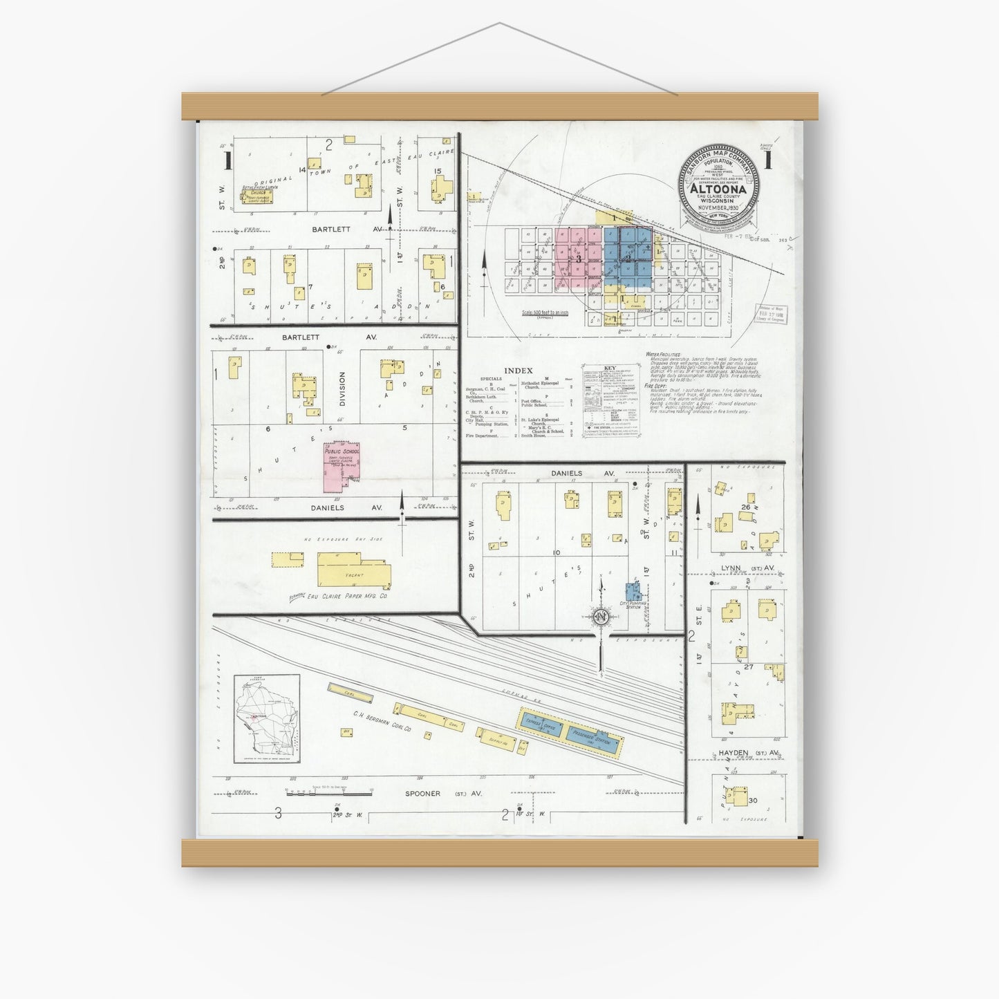 Old map wall art mockup — magnetic wood frame on white wall — Sanborn Fire Insurance Map from Altoona, Eau Claire County, Wisconsin (1930), Sheet #0001