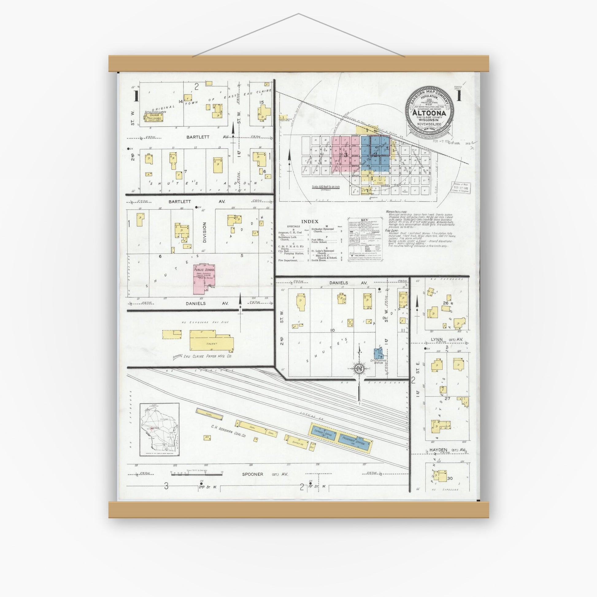 Old map wall art mockup — magnetic wood frame on white wall — Sanborn Fire Insurance Map from Altoona, Eau Claire County, Wisconsin (1930), Sheet #0001