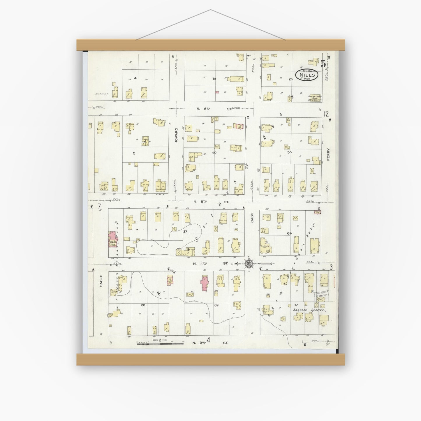 Old map wall art mockup — magnetic wood frame on white wall — Sanborn Fire Insurance Map from Niles, Berrien County, Michigan (1914), Sheet #0005
