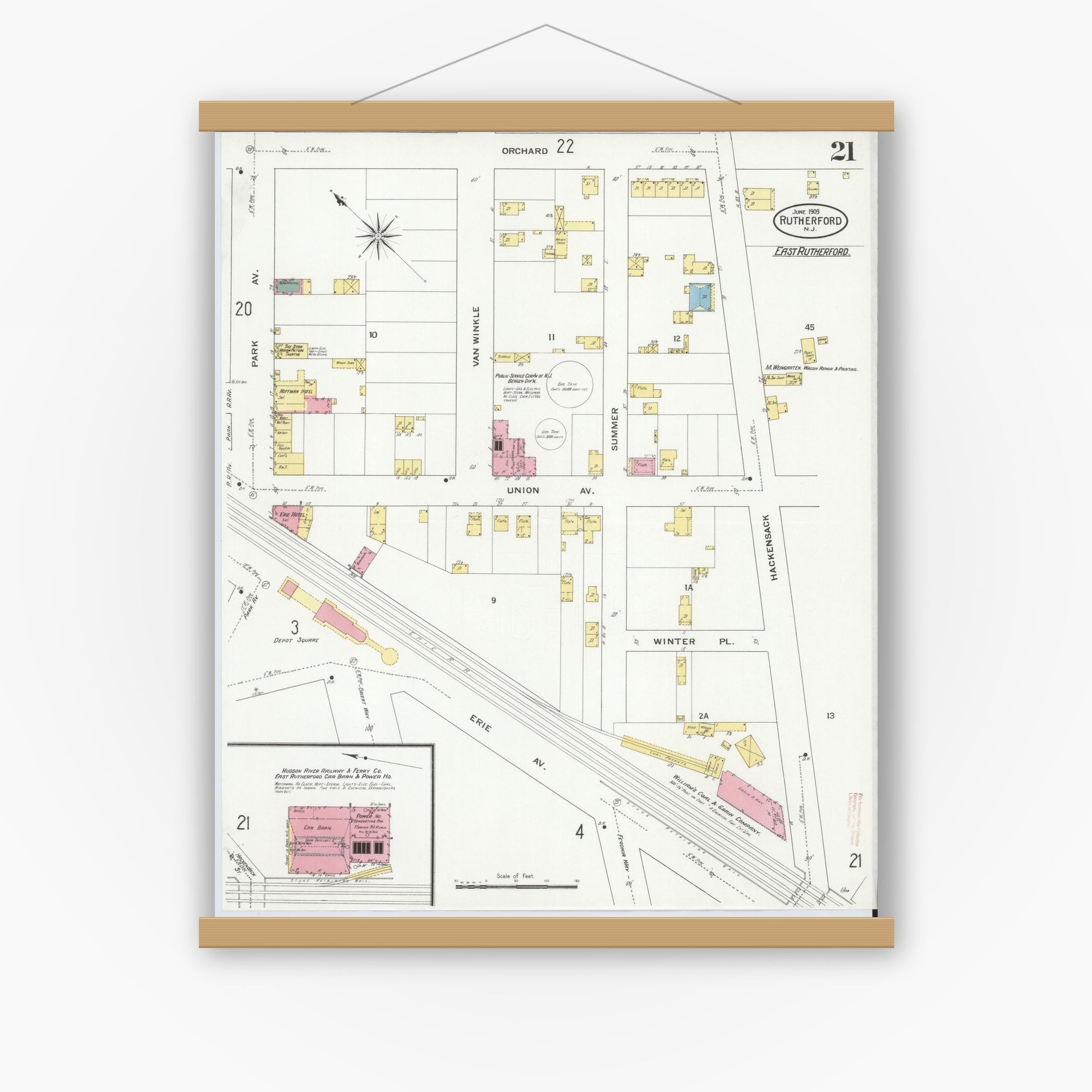 Old map wall art mockup — magnetic wood frame on white wall — Sanborn Fire Insurance Map from Rutherford, Bergen County, New Jersey (1909), Sheet #0021