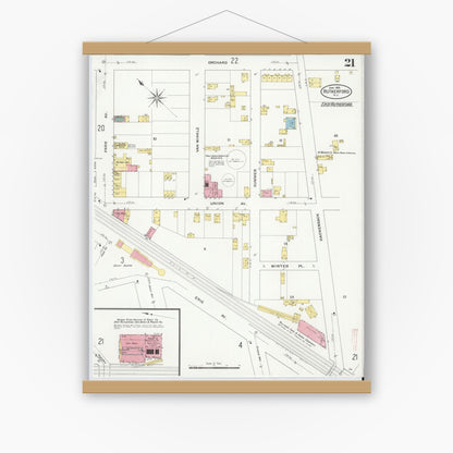 Old map wall art mockup — magnetic wood frame on white wall — Sanborn Fire Insurance Map from Rutherford, Bergen County, New Jersey (1909), Sheet #0021