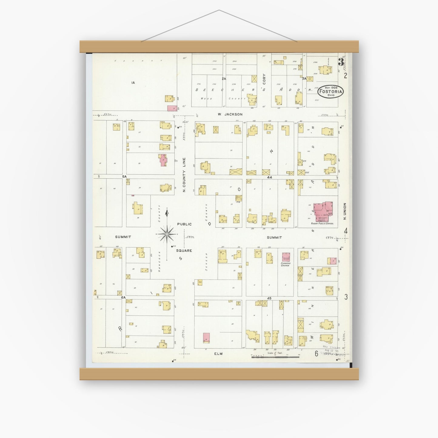 Old map wall art mockup — magnetic wood frame on white wall — Sanborn Fire Insurance Map from Fostoria, Seneca, Hancock, And Wood Counties, Ohio (1908), Sheet #0003