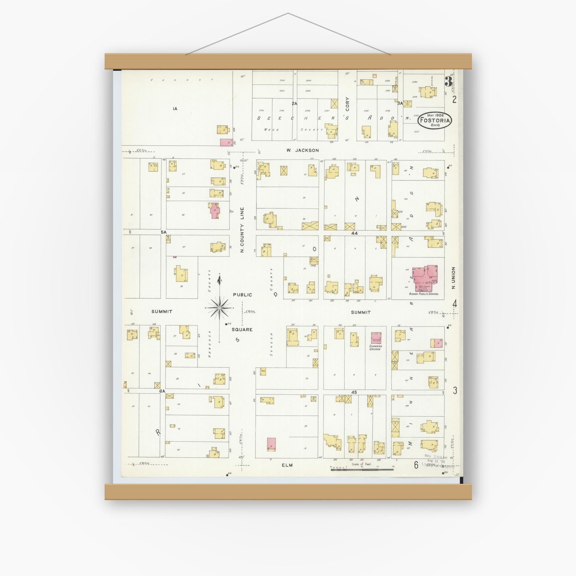 Old map wall art mockup — magnetic wood frame on white wall — Sanborn Fire Insurance Map from Fostoria, Seneca, Hancock, And Wood Counties, Ohio (1908), Sheet #0003
