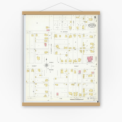 Old map wall art mockup — magnetic wood frame on white wall — Sanborn Fire Insurance Map from Fostoria, Seneca, Hancock, And Wood Counties, Ohio (1908), Sheet #0003