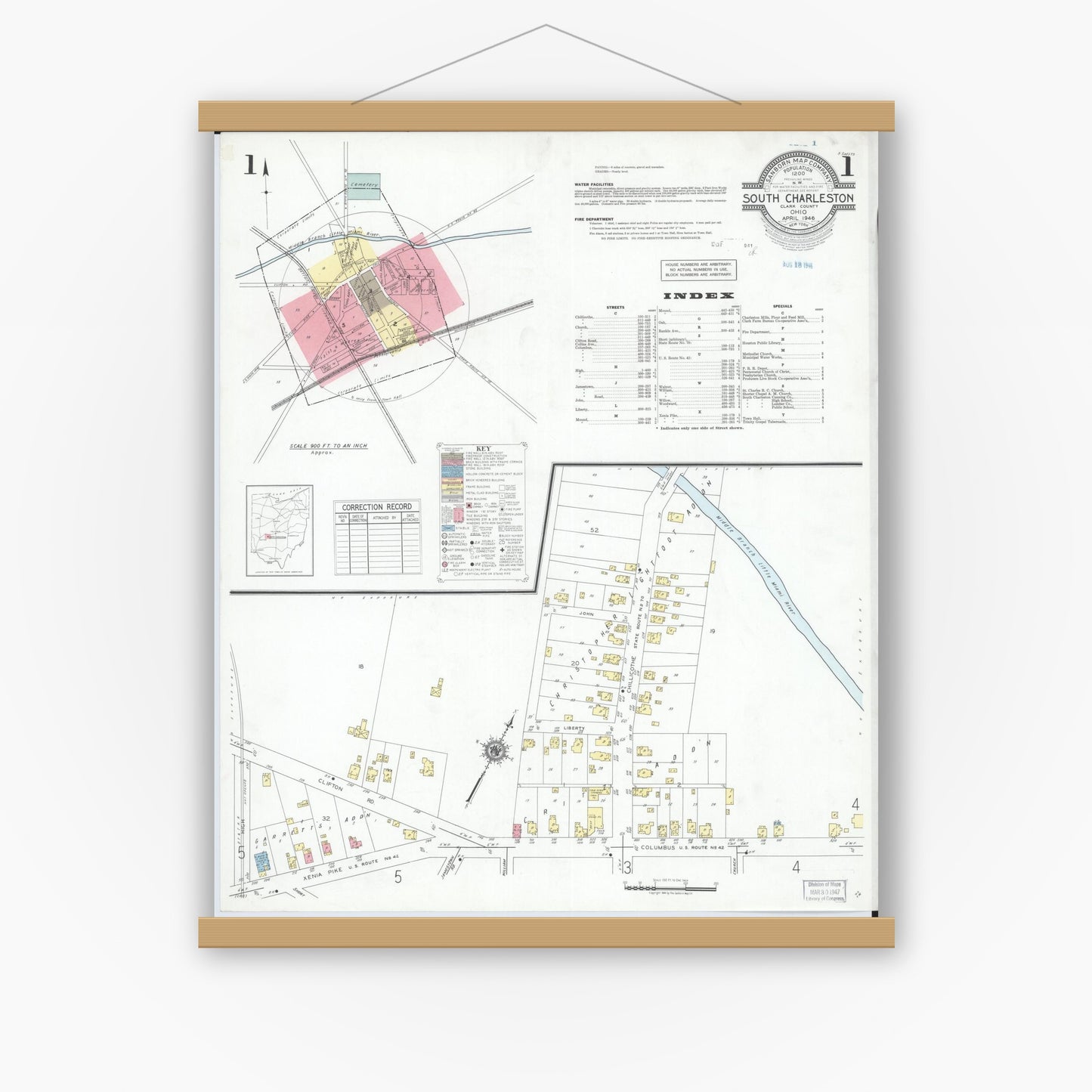 Old map wall art mockup — magnetic wood frame on white wall — Sanborn Fire Insurance Map from South Charleston, Clark County, Ohio (1946), Sheet #0001