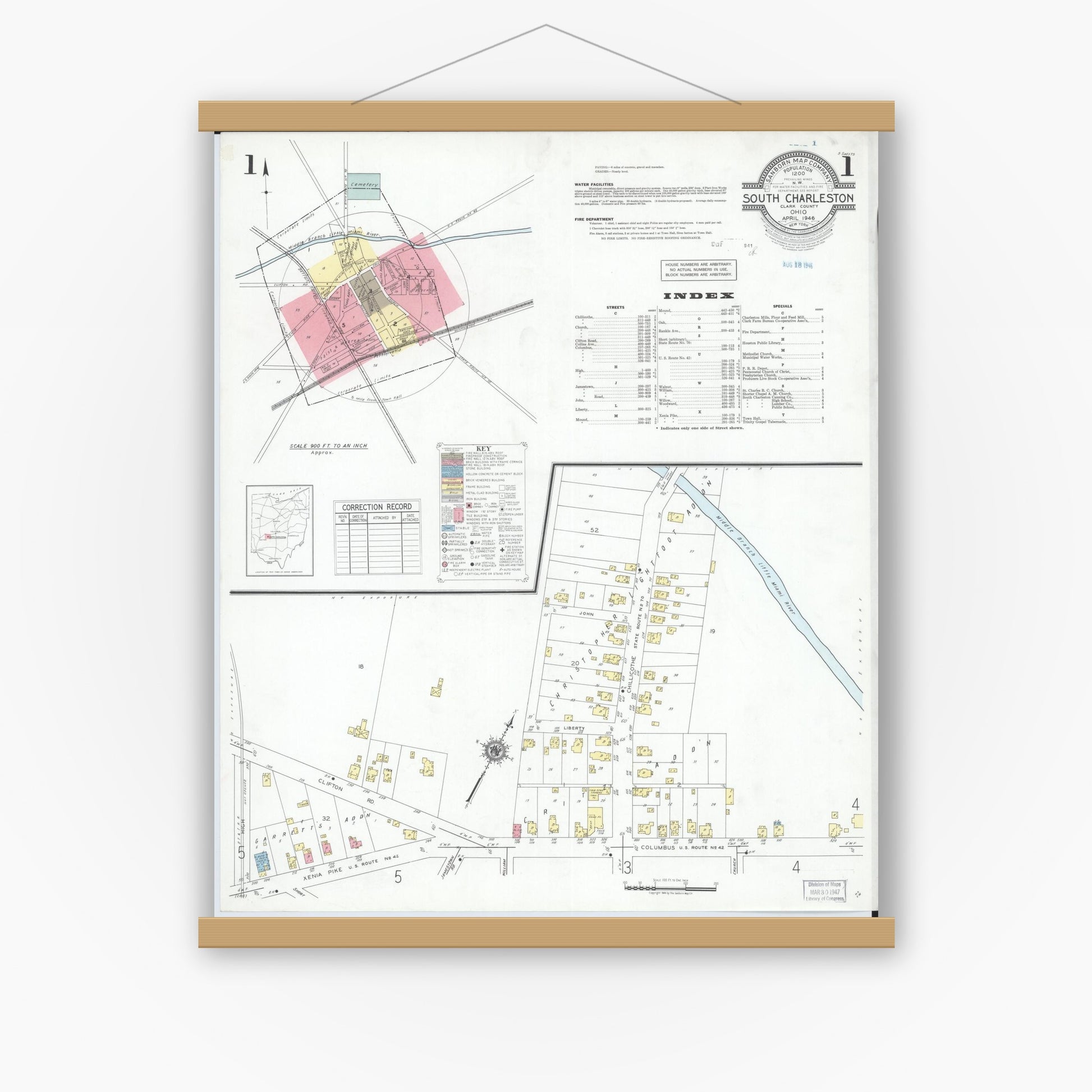 Old map wall art mockup — magnetic wood frame on white wall — Sanborn Fire Insurance Map from South Charleston, Clark County, Ohio (1946), Sheet #0001