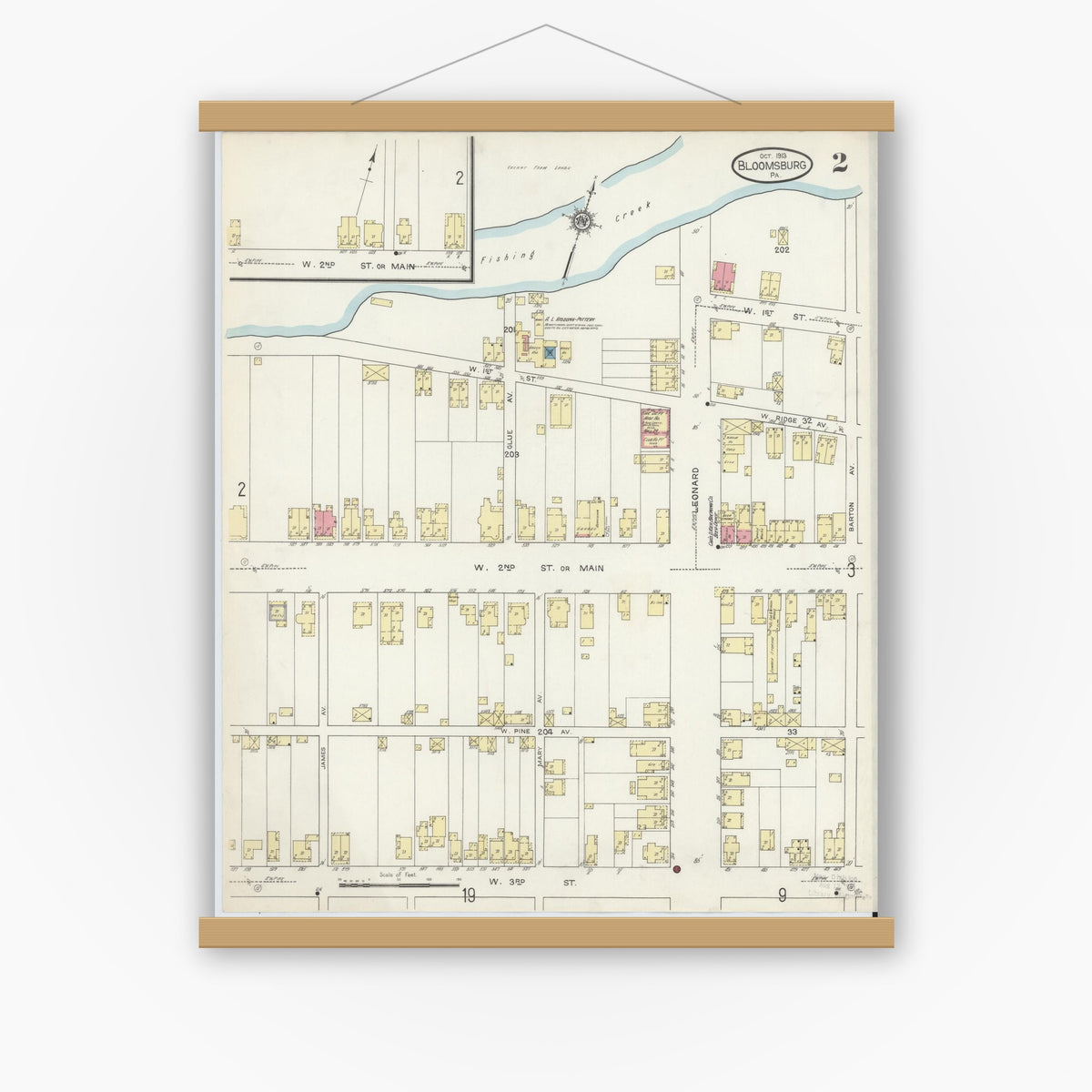 Old map wall art mockup — magnetic wood frame on white wall — Sanborn Fire Insurance Map from Bloomsburg, Columbia County, Pennsylvania (1913), Sheet #0002