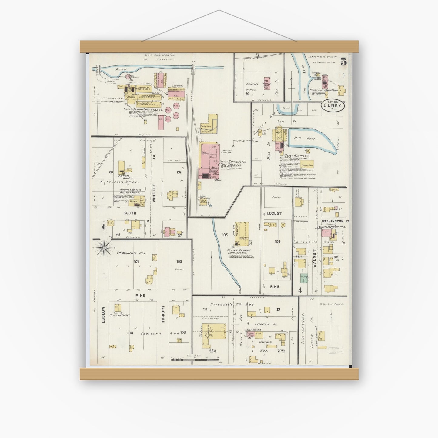 Old map wall art mockup — magnetic wood frame on white wall — Sanborn Fire Insurance Map from Olney, Richland County, Illinois (1897), Sheet #0005
