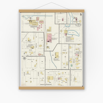 Old map wall art mockup — magnetic wood frame on white wall — Sanborn Fire Insurance Map from Olney, Richland County, Illinois (1897), Sheet #0005