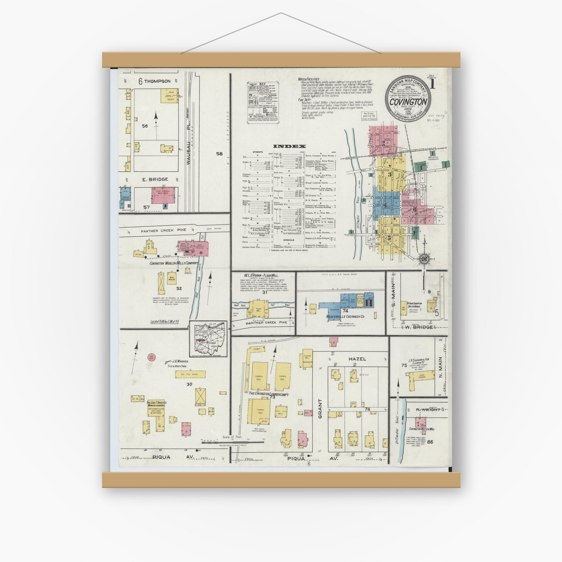 Old map wall art mockup — magnetic wood frame on white wall — Sanborn Fire Insurance Map from Covington, Miami County, Ohio (1920), Sheet #0001