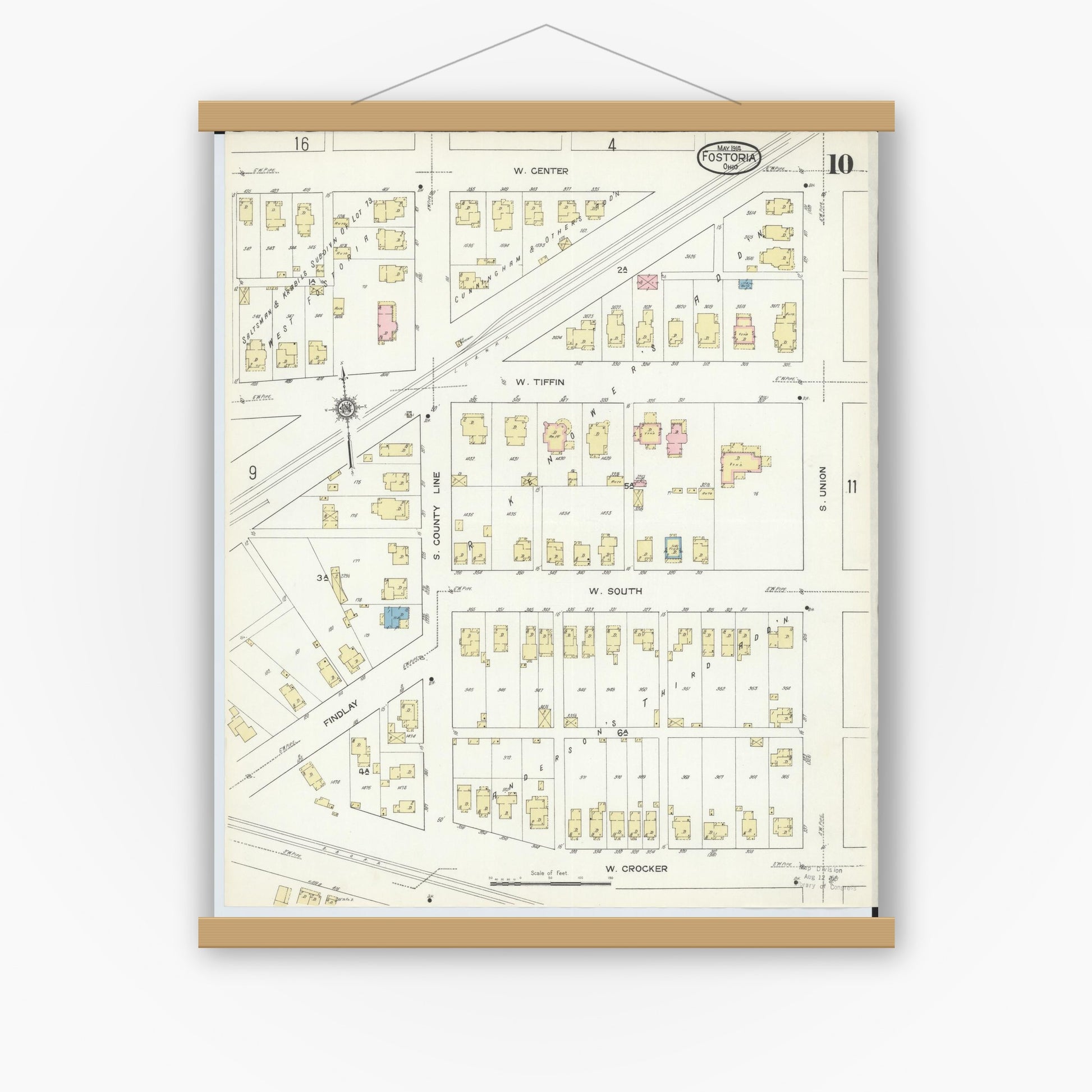 Old map wall art mockup — magnetic wood frame on white wall — Sanborn Fire Insurance Map from Fostoria, Seneca, Hancock, And Wood Counties, Ohio (1914), Sheet #0010