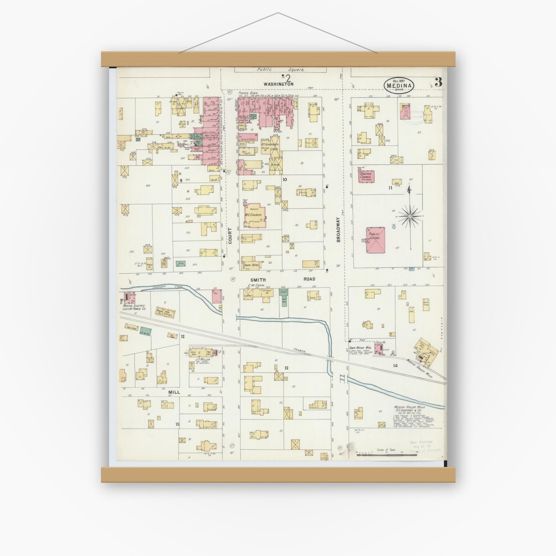 Old map wall art mockup — magnetic wood frame on white wall — Sanborn Fire Insurance Map from Medina, Medina County, Ohio (1897), Sheet #0003