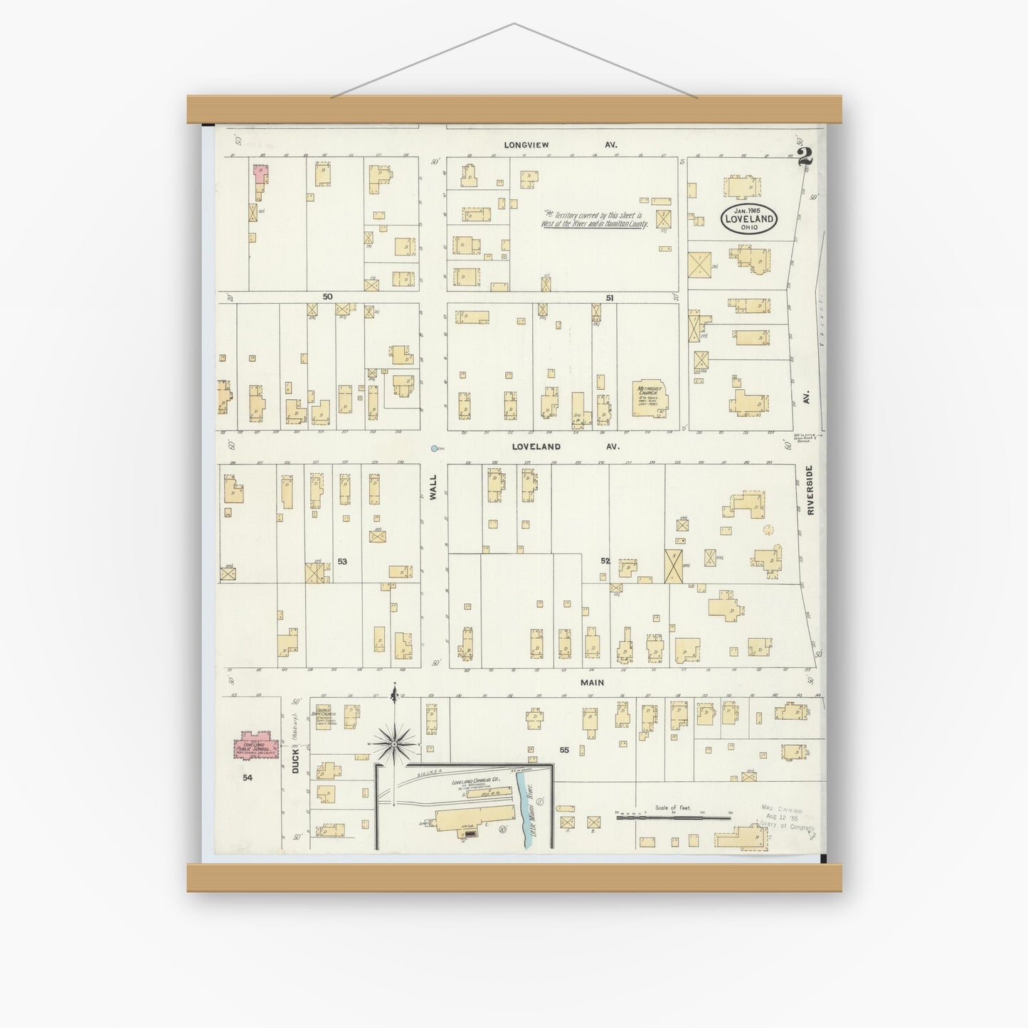 Old map wall art mockup — magnetic wood frame on white wall — Sanborn Fire Insurance Map from Loveland, Clermont, Hamilton, And Warren County, Ohio (1905), Sheet #0002