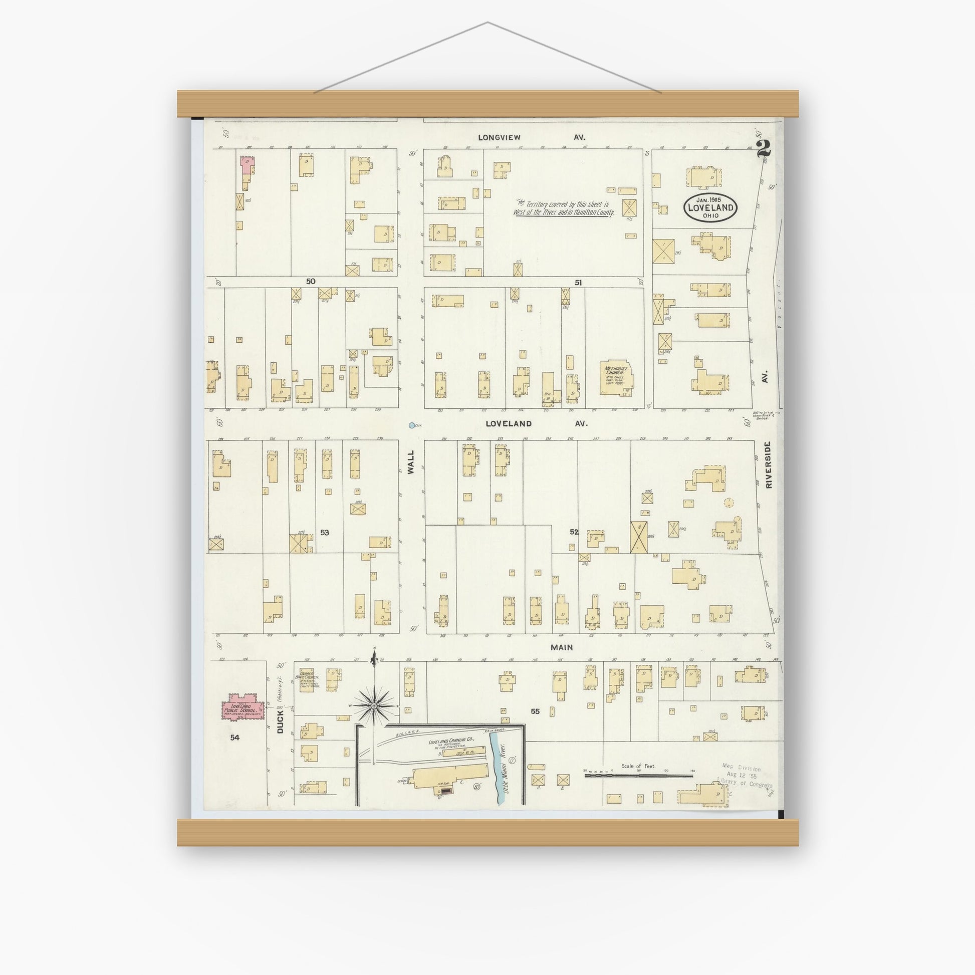 Old map wall art mockup — magnetic wood frame on white wall — Sanborn Fire Insurance Map from Loveland, Clermont, Hamilton, And Warren County, Ohio (1905), Sheet #0002