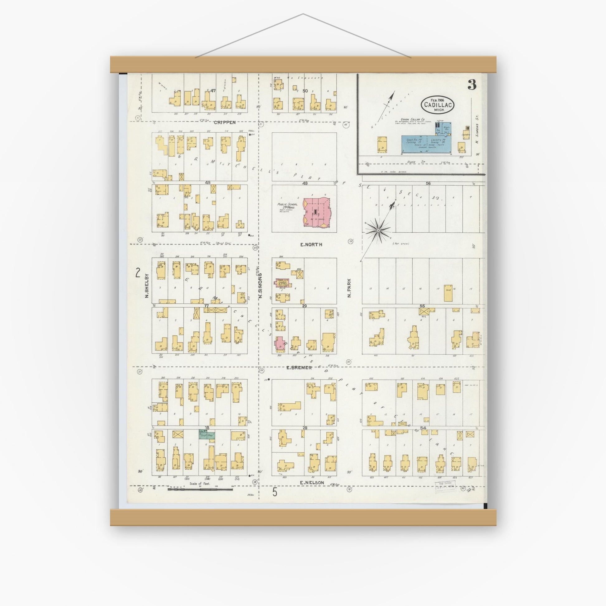 Old map wall art mockup — magnetic wood frame on white wall — Sanborn Fire Insurance Map from Cadillac, Wexford County, Michigan (1906), Sheet #0003