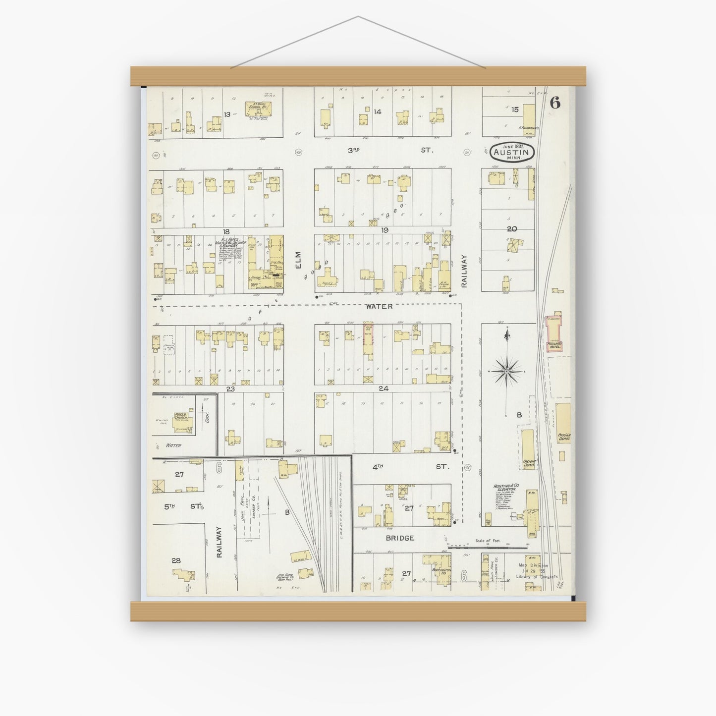 Old map wall art mockup — magnetic wood frame on white wall — Sanborn Fire Insurance Map from Austin, Mower County, Minnesota (1892), Sheet #0006