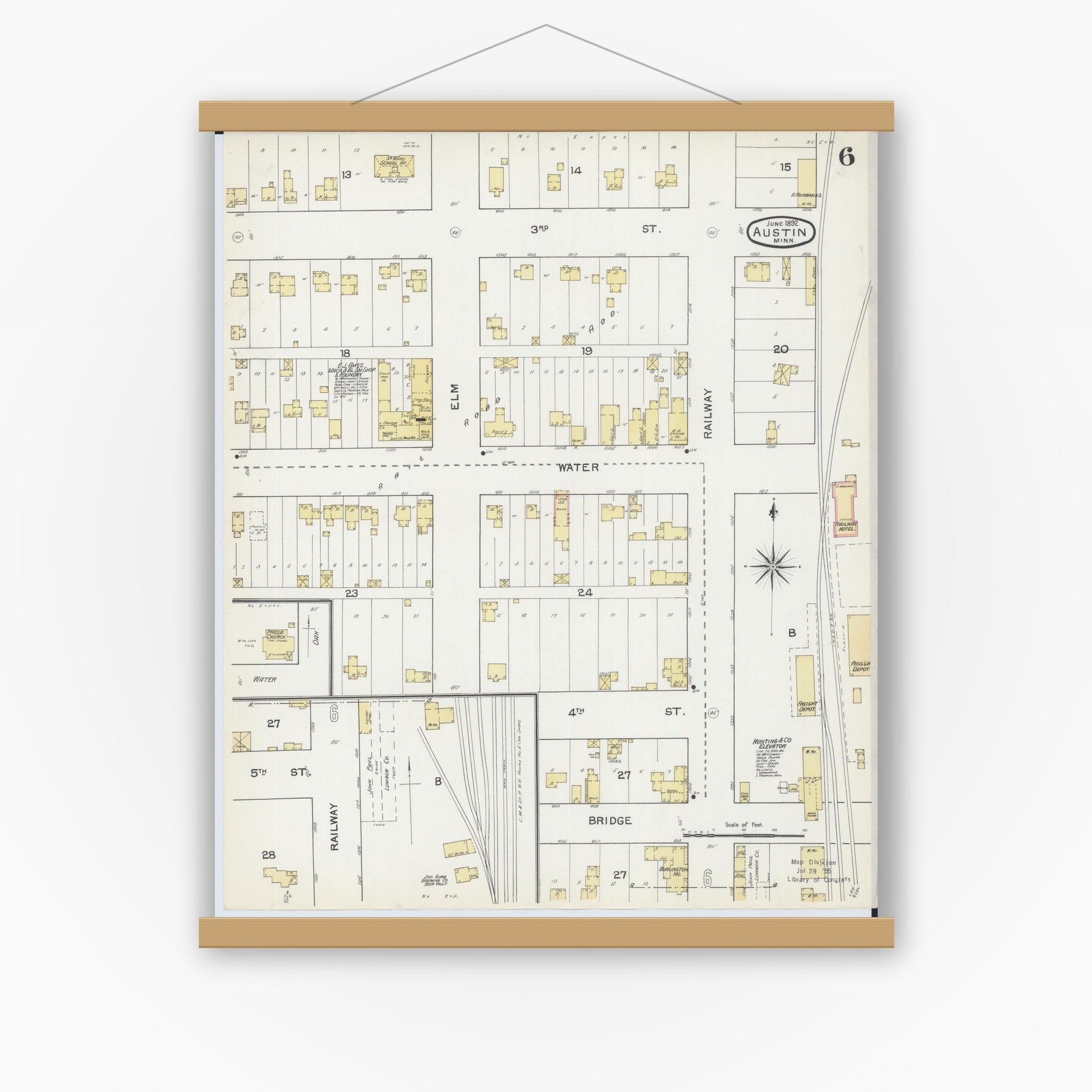 Old map wall art mockup — magnetic wood frame on white wall — Sanborn Fire Insurance Map from Austin, Mower County, Minnesota (1892), Sheet #0006