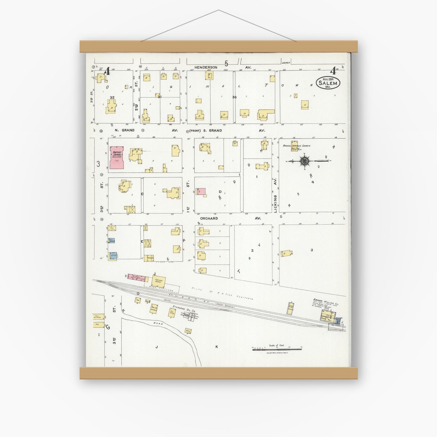 Old map wall art mockup — magnetic wood frame on white wall — Sanborn Fire Insurance Map from Salem, Dent County, Missouri (1924), Sheet #0004