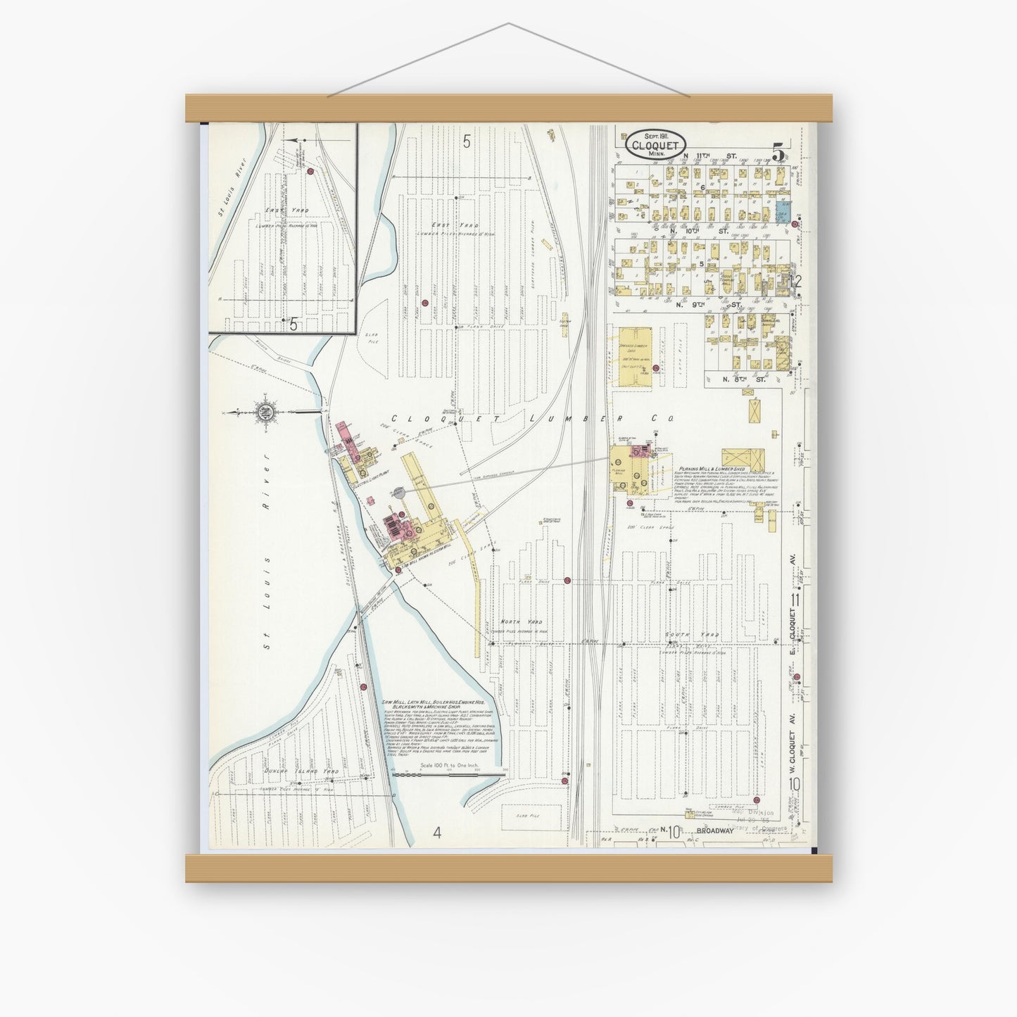 Old map wall art mockup — magnetic wood frame on white wall — Sanborn Fire Insurance Map from Cloquet, Carlton County, Minnesota (1911), Sheet #0005