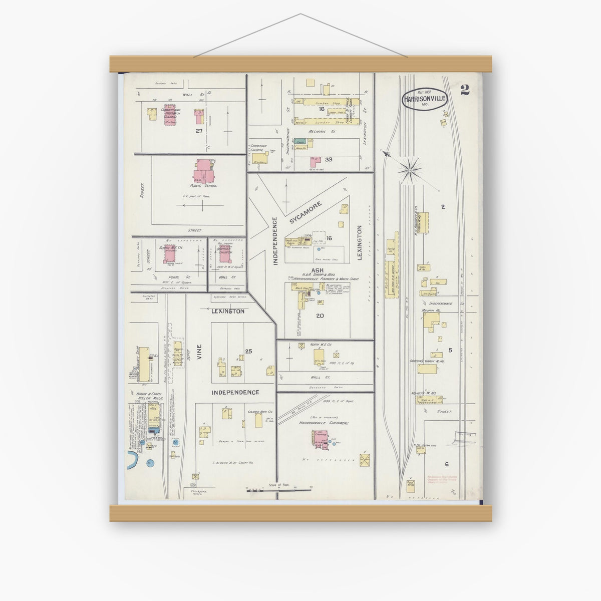 Old map wall art mockup — magnetic wood frame on white wall — Sanborn Fire Insurance Map from Harrisonville, Cass County, Missouri (1892), Sheet #0002