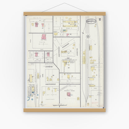 Old map wall art mockup — magnetic wood frame on white wall — Sanborn Fire Insurance Map from Harrisonville, Cass County, Missouri (1892), Sheet #0002