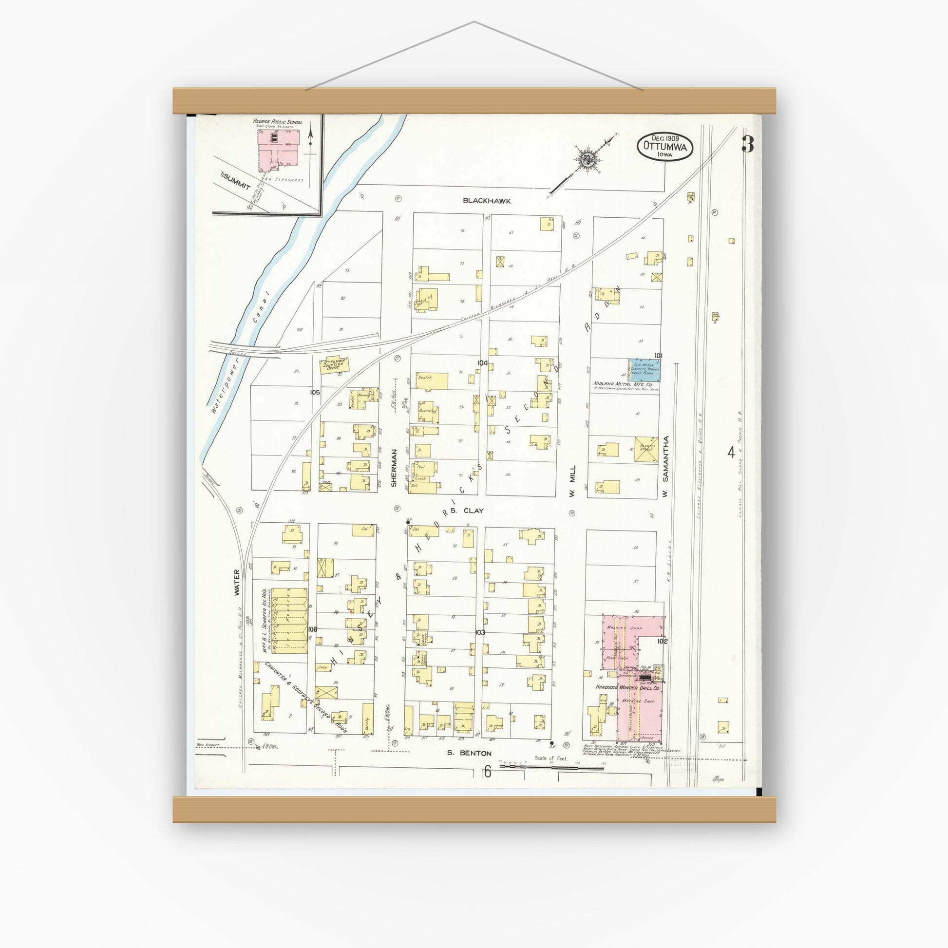 Old map wall art mockup — magnetic wood frame on white wall — Sanborn Fire Insurance Map from Ottumwa, Wapello County, Iowa (1909), Sheet #0003