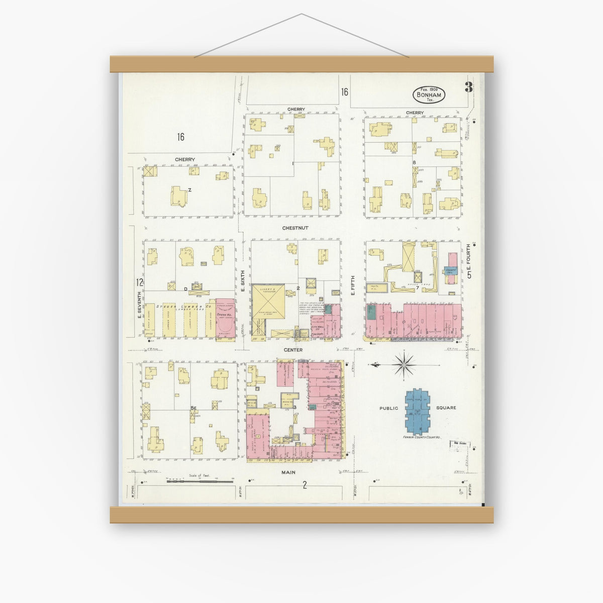 Old map wall art mockup — magnetic wood frame on white wall — Sanborn Fire Insurance Map from Bonham, Fannin County, Texas (1909), Sheet #0003