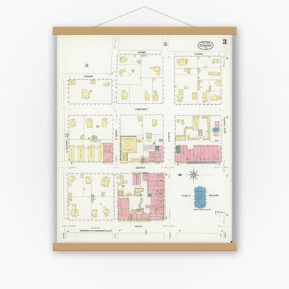 Old map wall art mockup — magnetic wood frame on white wall — Sanborn Fire Insurance Map from Bonham, Fannin County, Texas (1909), Sheet #0003