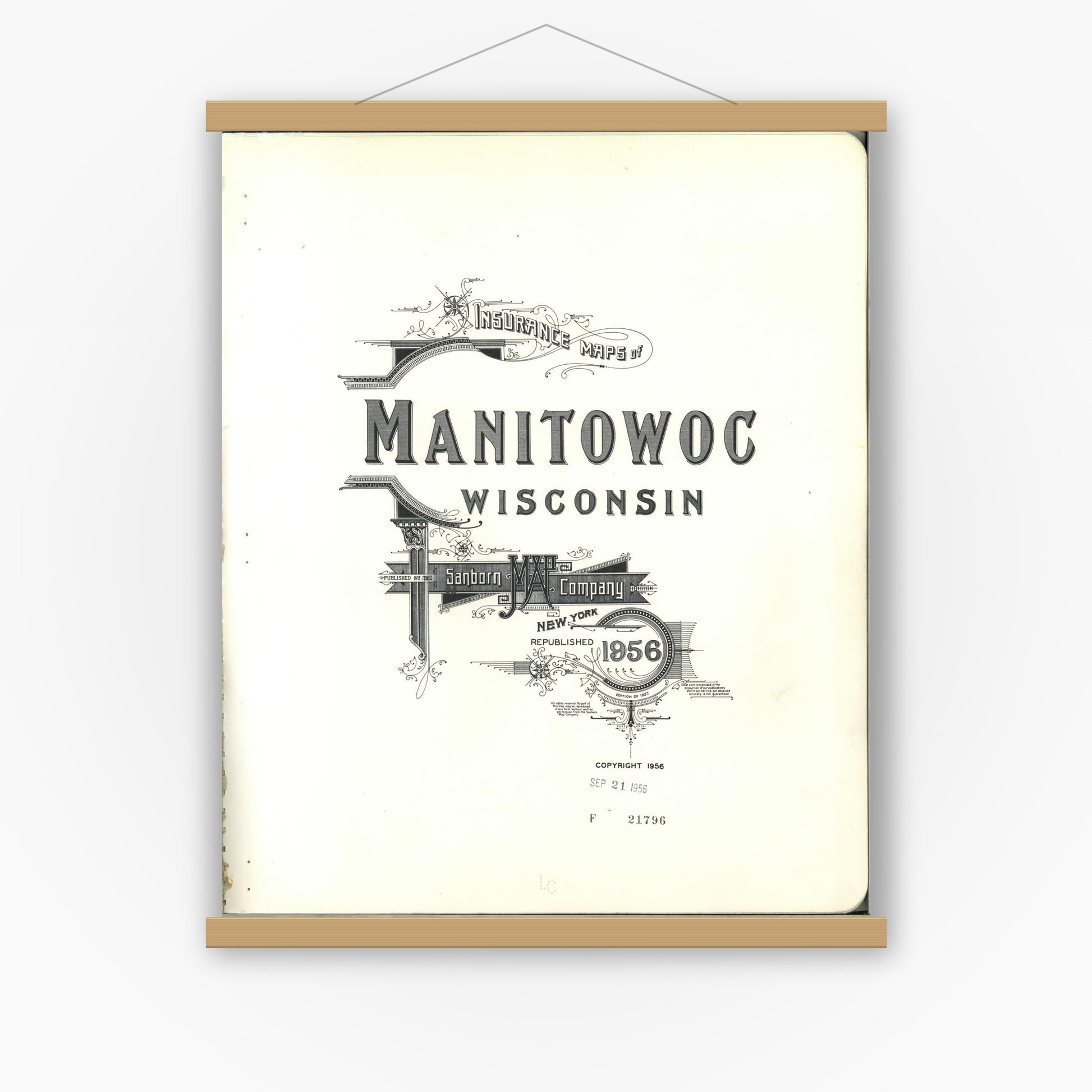 Old map wall art mockup — magnetic wood frame on white wall — Sanborn Fire Insurance Map from Manitowoc, Manitowoc County, Wisconsin (1956), Sheet #0001