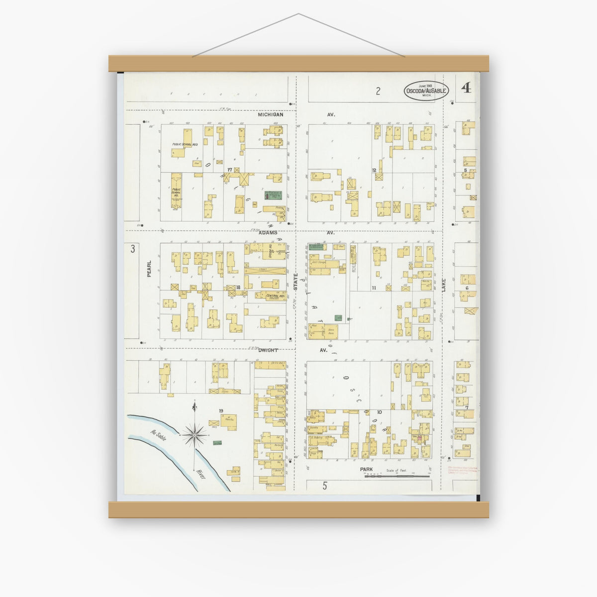 Old map wall art mockup — magnetic wood frame on white wall — Sanborn Fire Insurance Map from Oscoda, Iosco County, Michigan (1901), Sheet #0004