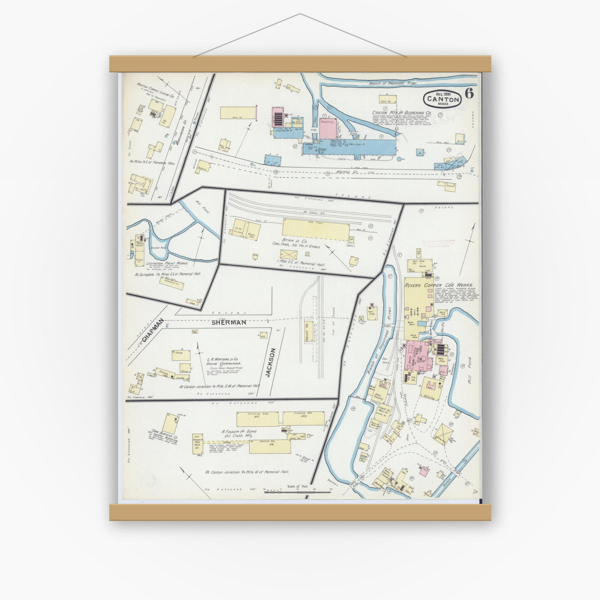 Old map wall art mockup — magnetic wood frame on white wall — Sanborn Fire Insurance Map from Canton, Norfolk County, Massachusetts (1891), Sheet #0006