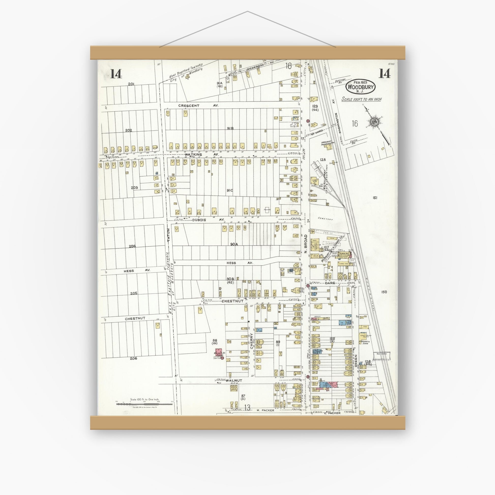 Old map wall art mockup — magnetic wood frame on white wall — Sanborn Fire Insurance Map from Woodbury, Gloucester County, New Jersey (1923), Sheet #0014