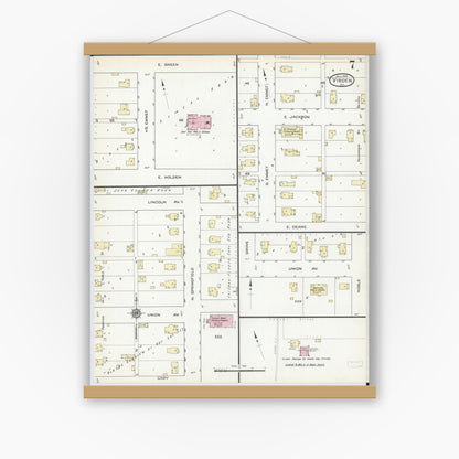 Old map wall art mockup — magnetic wood frame on white wall — Sanborn Fire Insurance Map from Virden, Macoupin County, Illinois (1914), Sheet #0007
