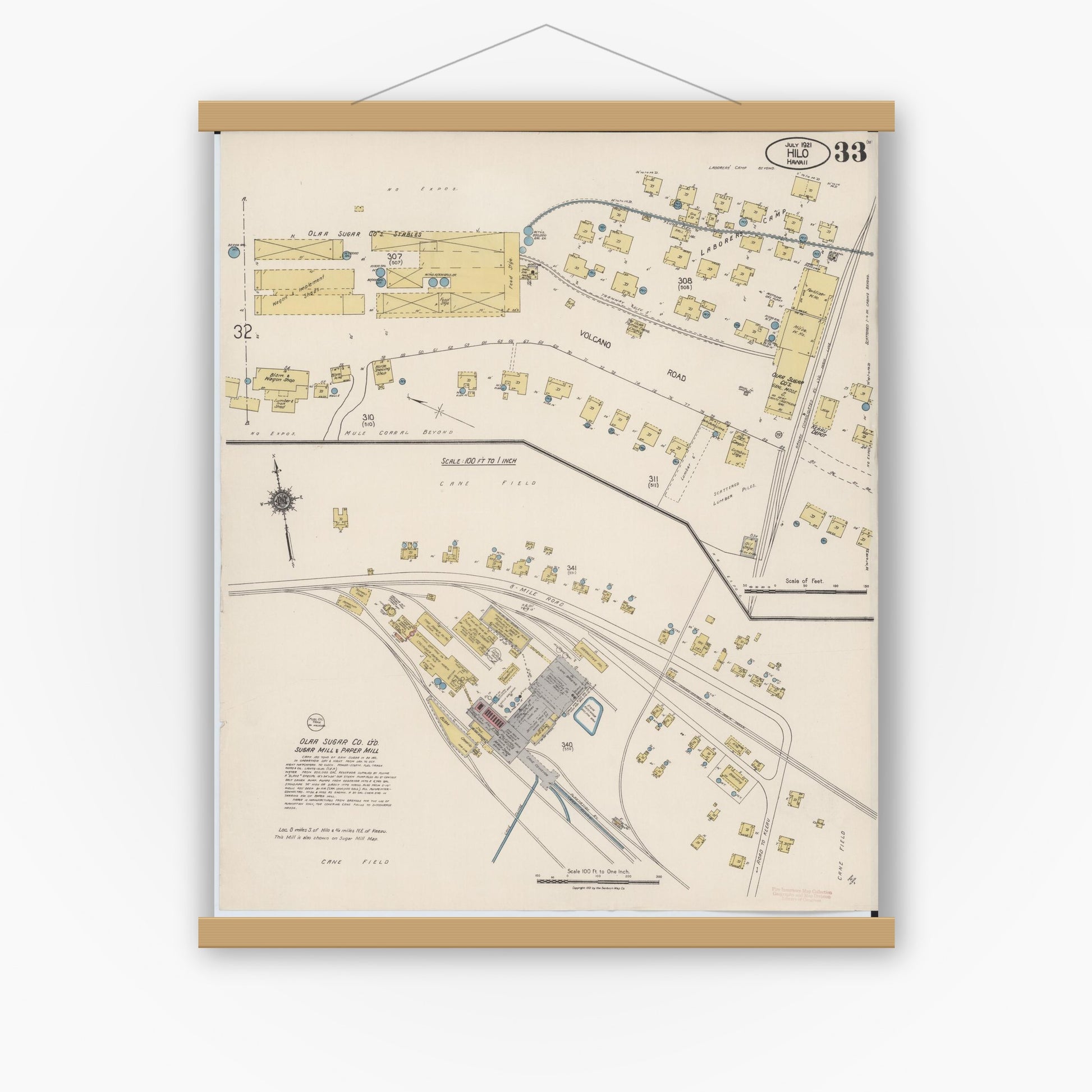 Old map wall art mockup — magnetic wood frame on white wall — Sanborn Fire Insurance Map from Hilo, Hawaii County, Hawaii (1921), Sheet #0033
