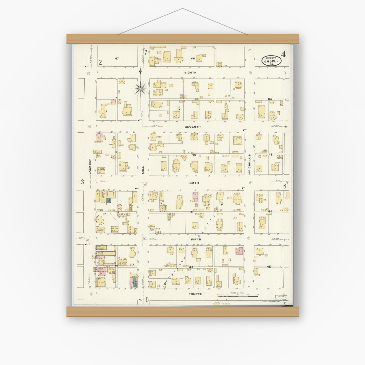 Old map wall art mockup — magnetic wood frame on white wall — Sanborn Fire Insurance Map from Jasper, Dubois County, Indiana (1909), Sheet #0004