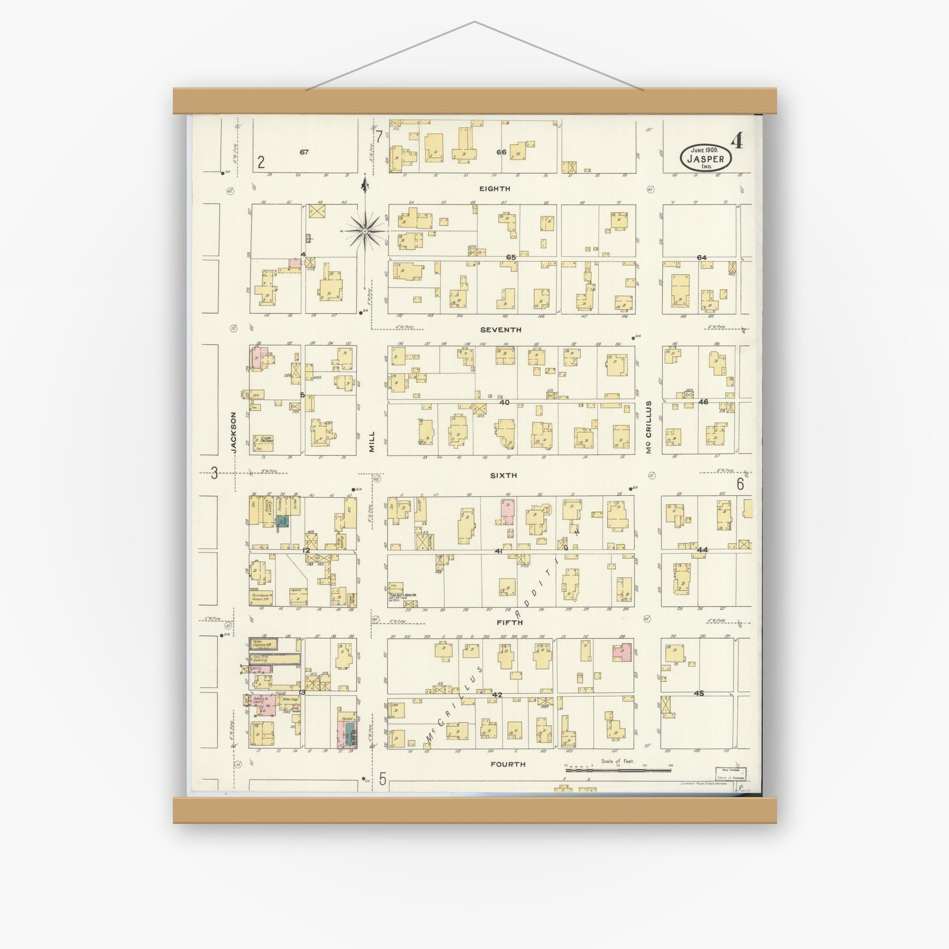 Old map wall art mockup — magnetic wood frame on white wall — Sanborn Fire Insurance Map from Jasper, Dubois County, Indiana (1909), Sheet #0004