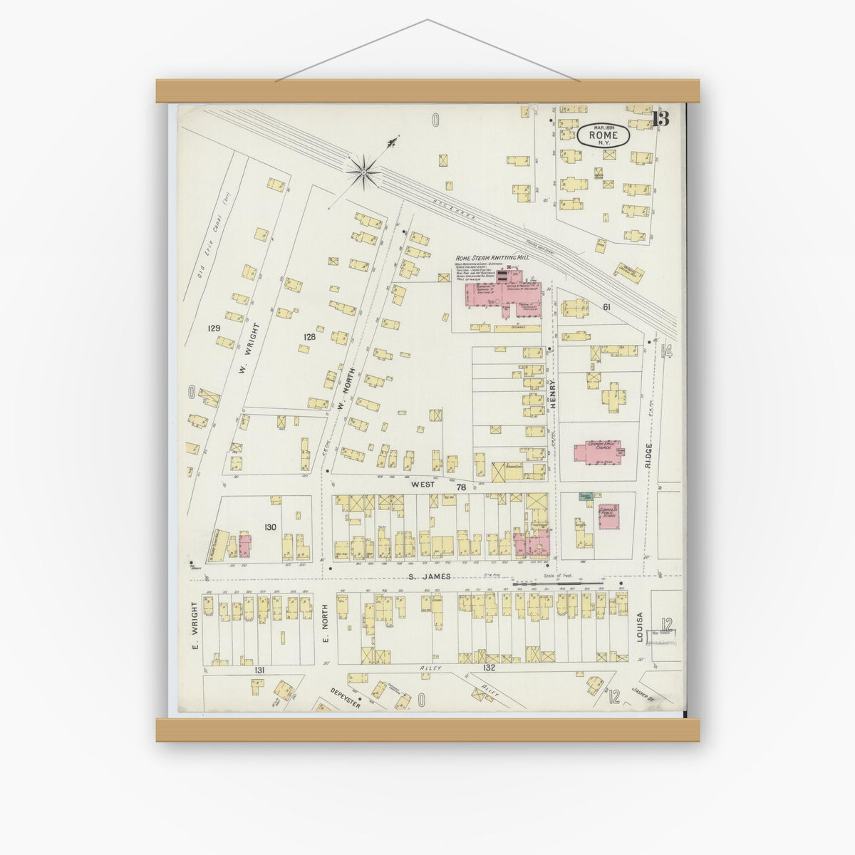 Old map wall art mockup — magnetic wood frame on white wall — Sanborn Fire Insurance Map from Rome, Oneida County, New York (1894), Sheet #0013