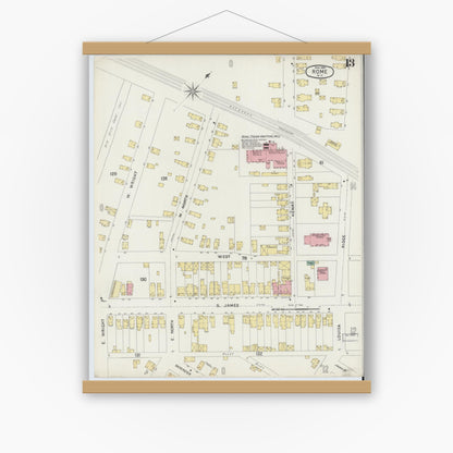 Old map wall art mockup — magnetic wood frame on white wall — Sanborn Fire Insurance Map from Rome, Oneida County, New York (1894), Sheet #0013