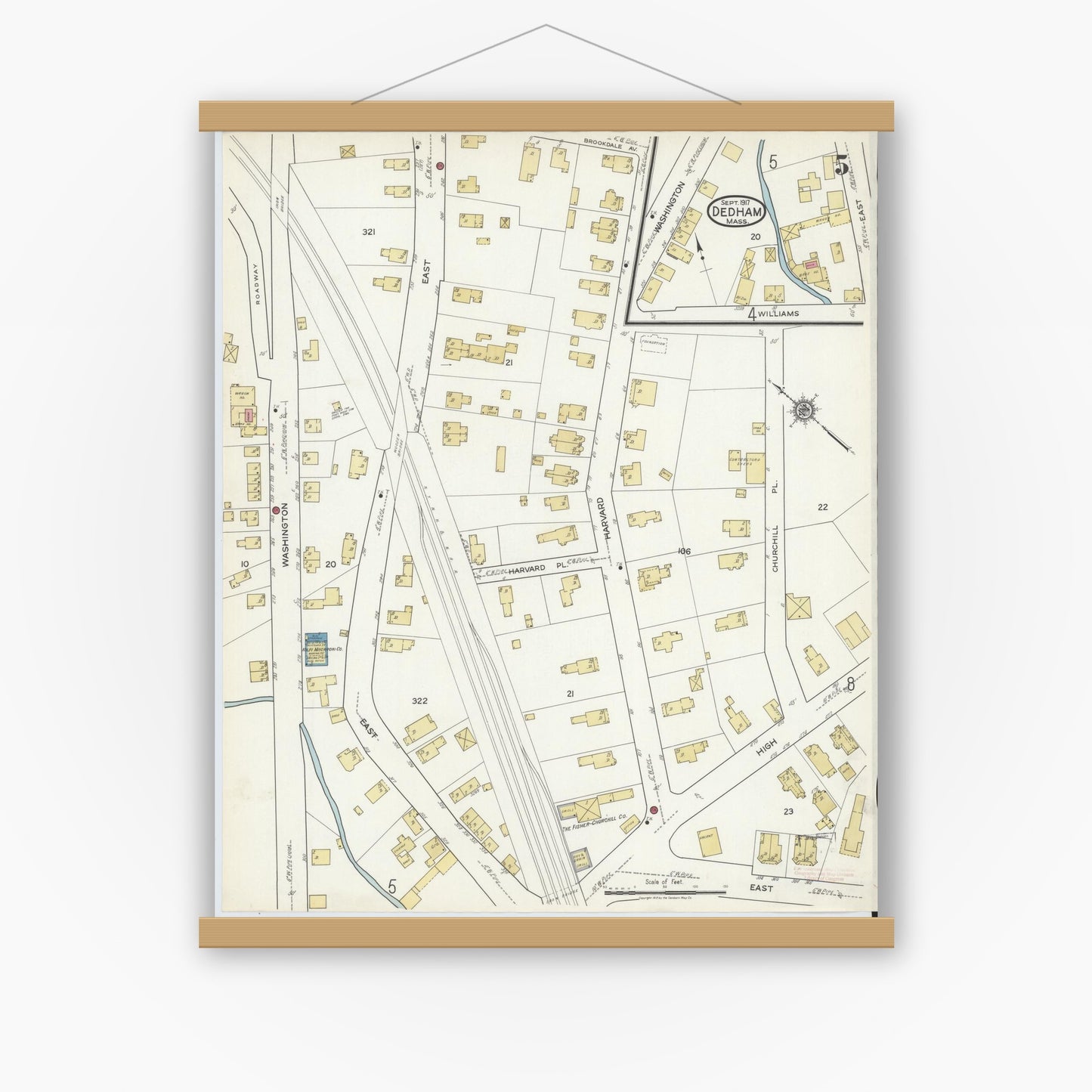 Old map wall art mockup — magnetic wood frame on white wall — Sanborn Fire Insurance Map from Dedham, Norfolk County, Massachusetts (1917), Sheet #0005
