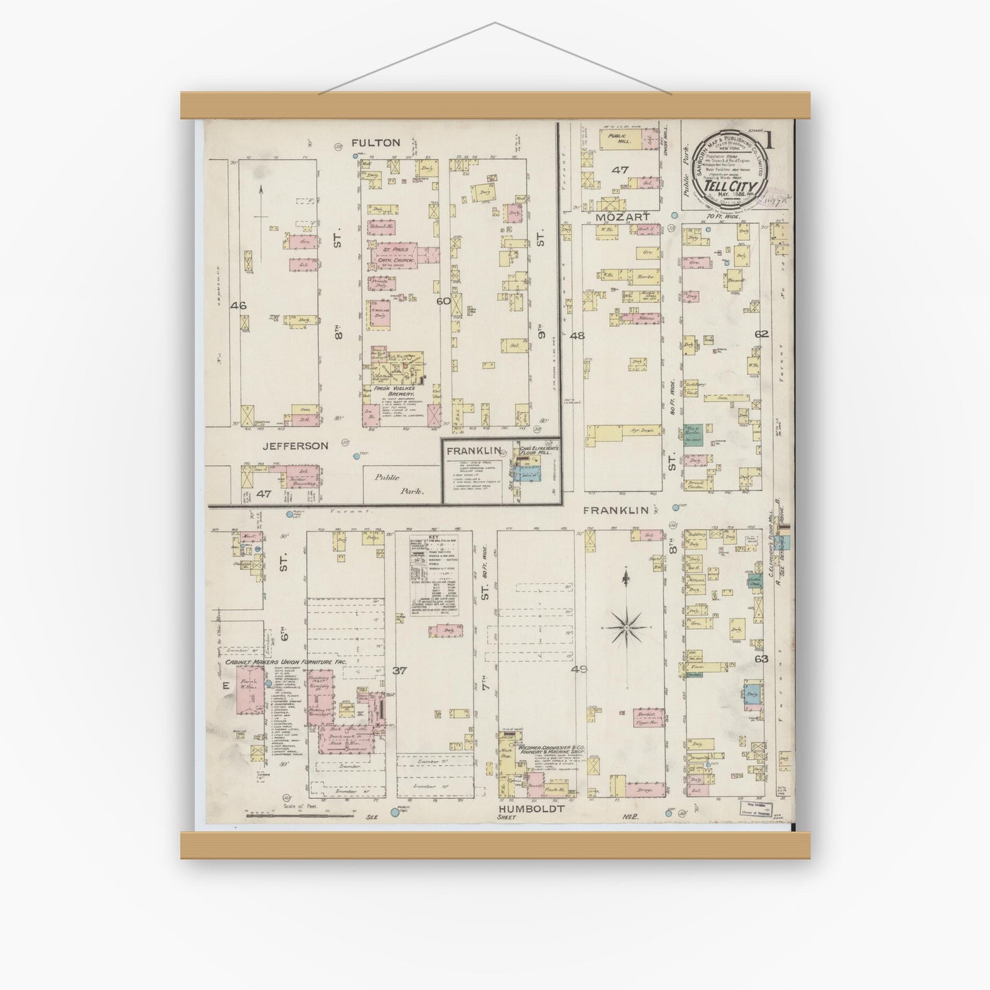 Old map wall art mockup — magnetic wood frame on white wall — Sanborn Fire Insurance Map from Tell City, Perry County, Indiana (1886) - Complete Map Set