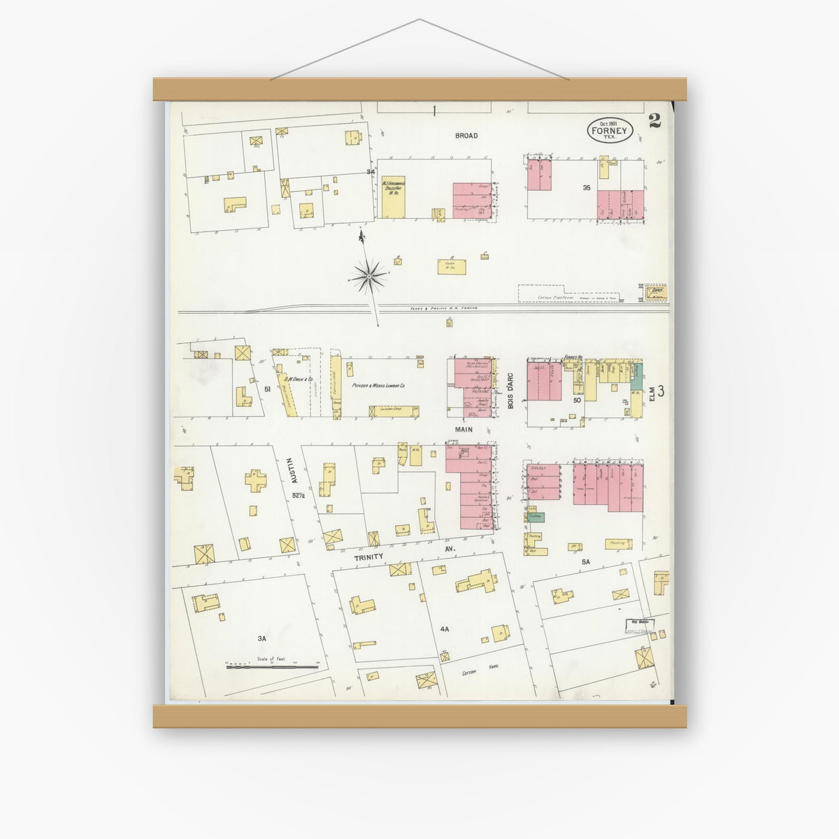 Old map wall art mockup — magnetic wood frame on white wall — Sanborn Fire Insurance Map from Forney, Kaufman County, Texas (1901), Sheet #0002