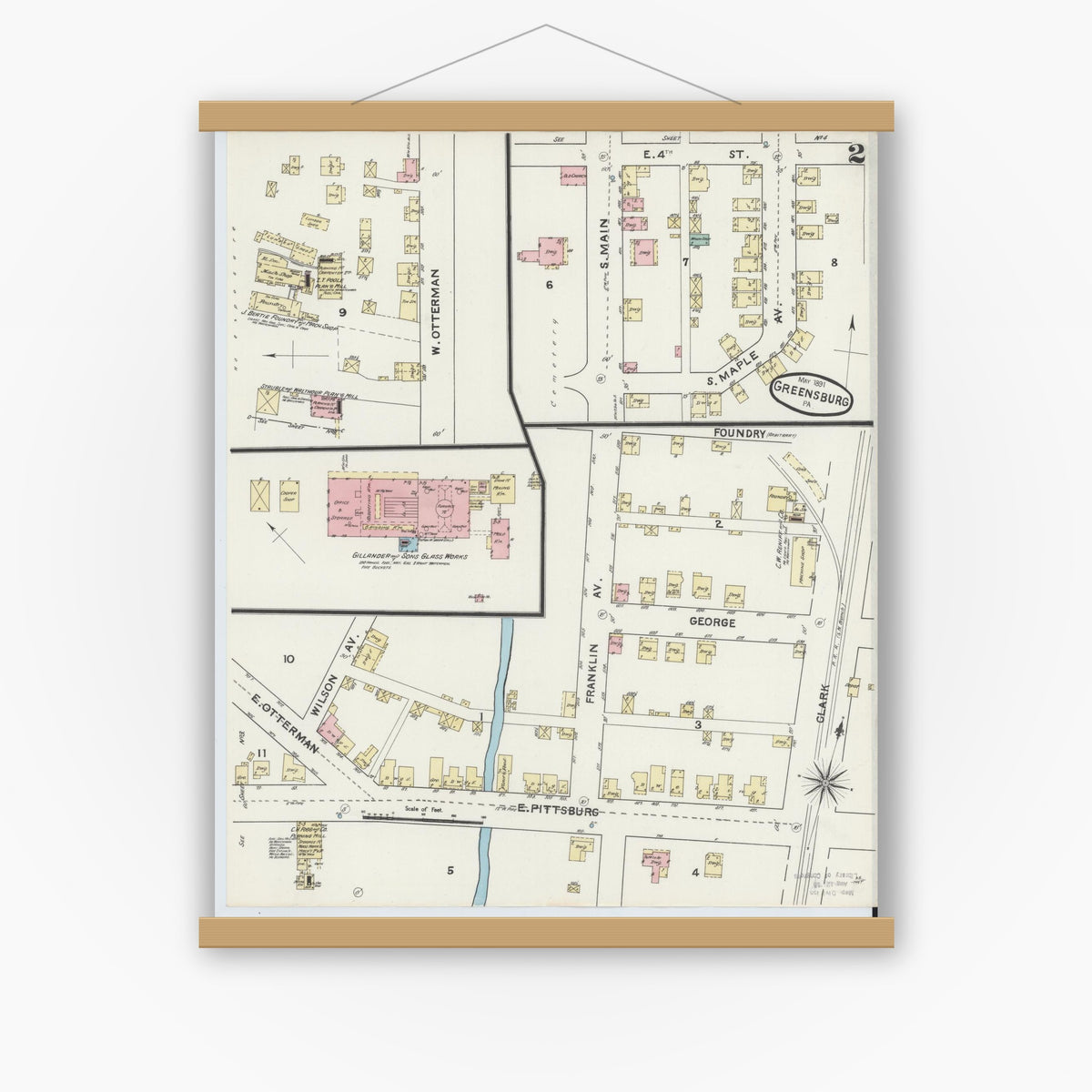 Old map wall art mockup — magnetic wood frame on white wall — Sanborn Fire Insurance Map from Greensburg, Westmoreland County, Pennsylvania (1891), Sheet #0002