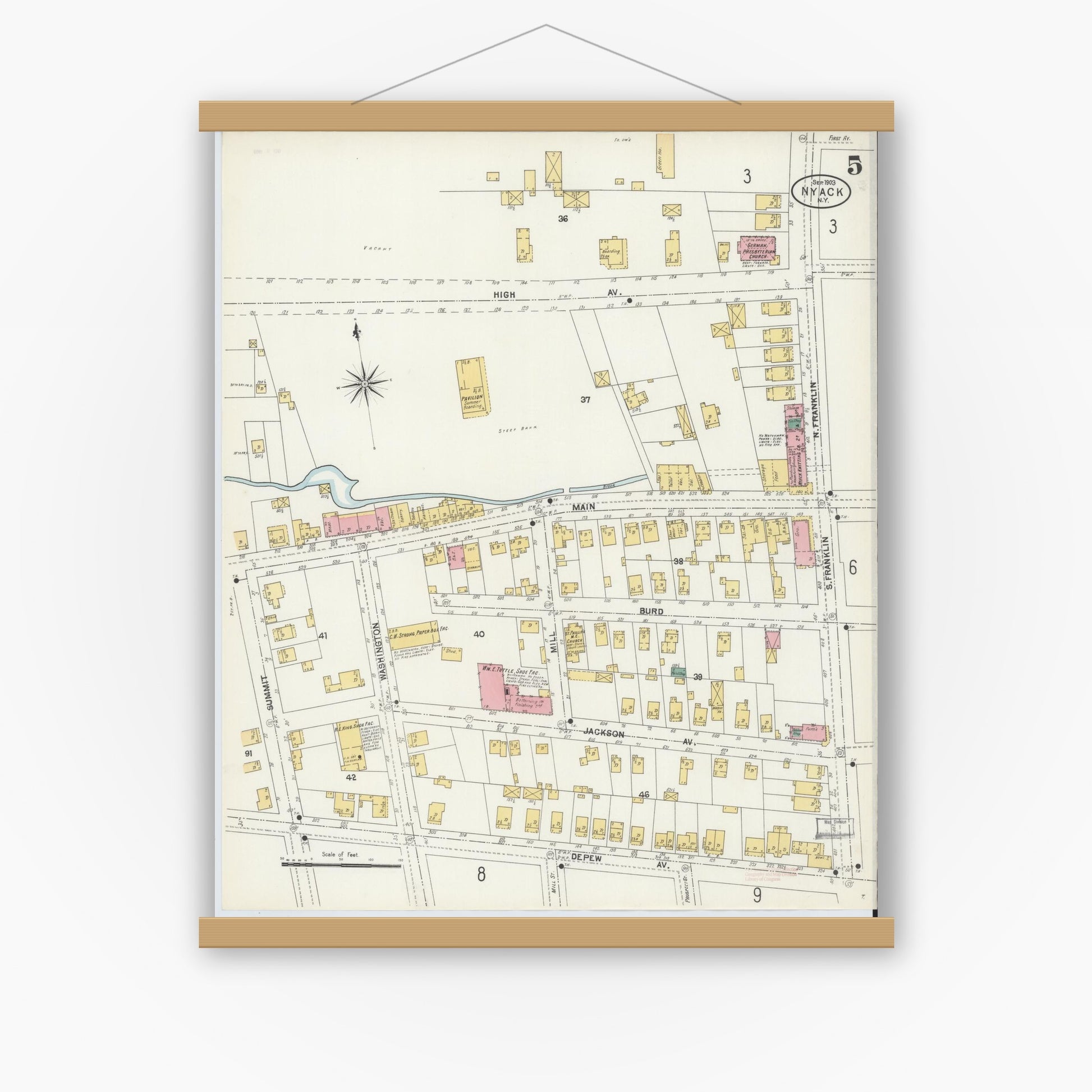 Old map wall art mockup — magnetic wood frame on white wall — Sanborn Fire Insurance Map from Nyack, Rockland County, New York. (1903), Sheet #0005