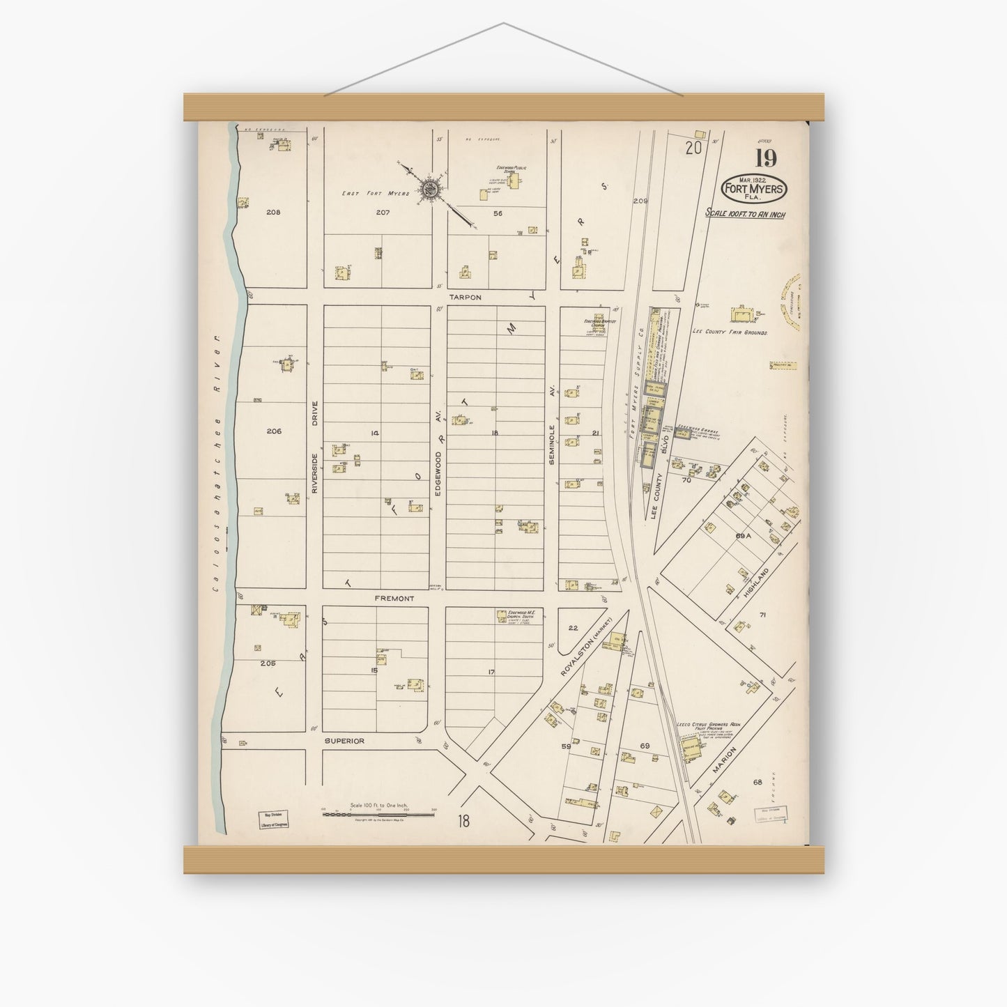 Old map wall art mockup — magnetic wood frame on white wall — Sanborn Fire Insurance Map from Fort Myers, Lee County, Florida (1922), Sheet #0019