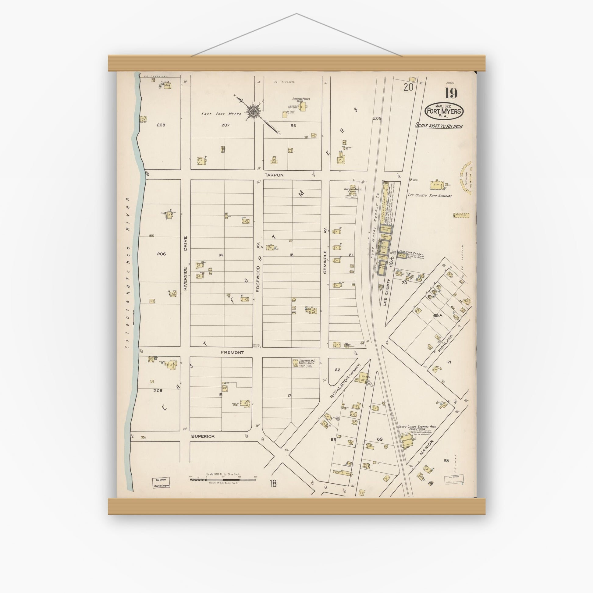 Old map wall art mockup — magnetic wood frame on white wall — Sanborn Fire Insurance Map from Fort Myers, Lee County, Florida (1922), Sheet #0019