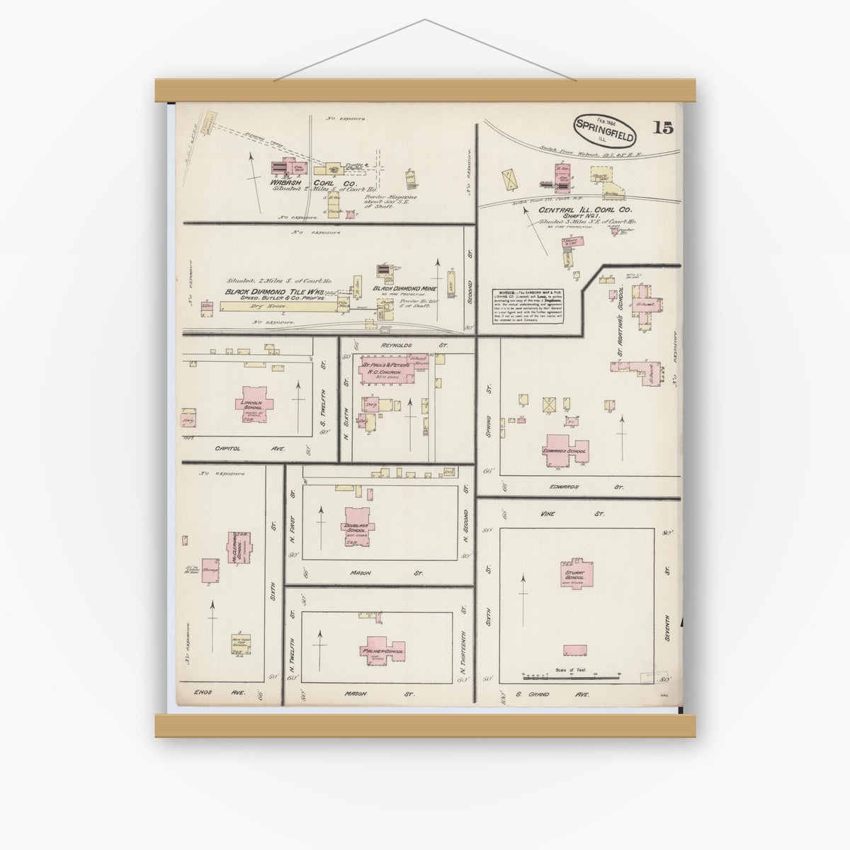 Old map wall art mockup — magnetic wood frame on white wall — Sanborn Fire Insurance Map from Springfield, Sangamon County, Illinois (1884), Sheet #0015