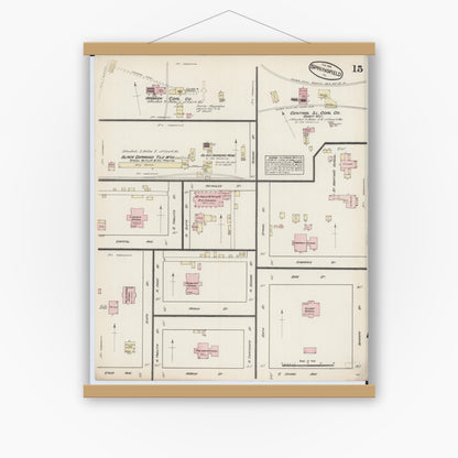 Old map wall art mockup — magnetic wood frame on white wall — Sanborn Fire Insurance Map from Springfield, Sangamon County, Illinois (1884), Sheet #0015