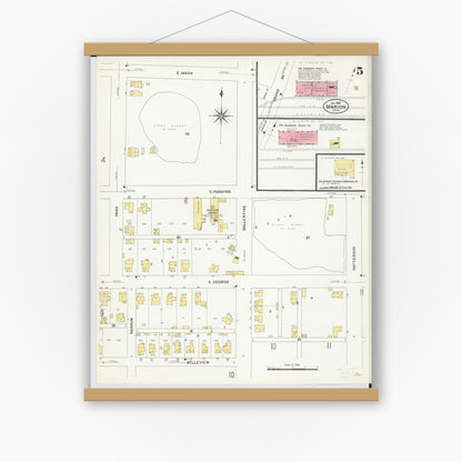 Old map wall art mockup — magnetic wood frame on white wall — Sanborn Fire Insurance Map from Marion, Marion County, Ohio (1908), Sheet #0005
