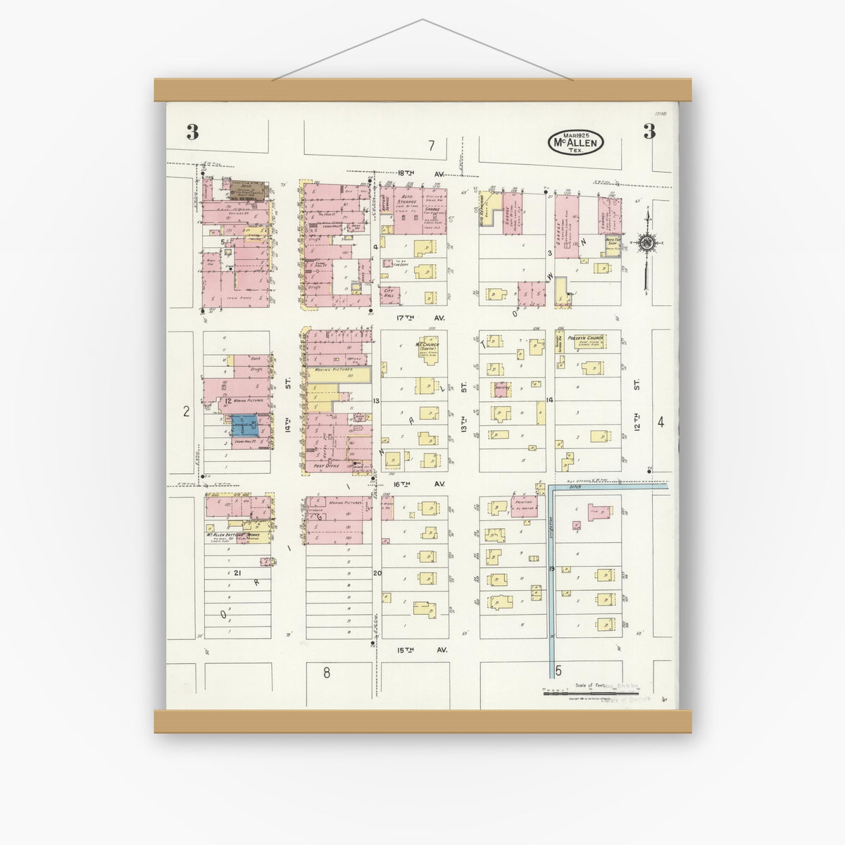 Old map wall art mockup — magnetic wood frame on white wall — Sanborn Fire Insurance Map from McAllen, Hidalgo County, Texas (1925), Sheet #0003