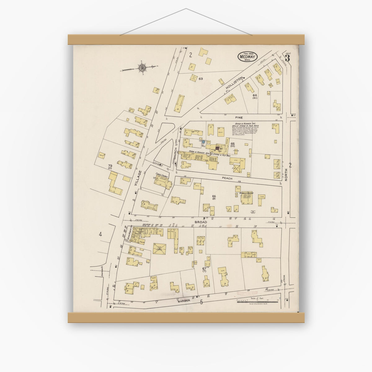 Old map wall art mockup — magnetic wood frame on white wall — Sanborn Fire Insurance Map from Medway, Norfolk County, Massachusetts (1922), Sheet #0003